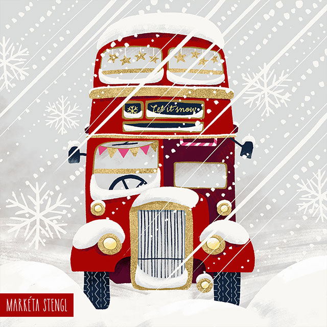 Christmas illustration of a London double decker