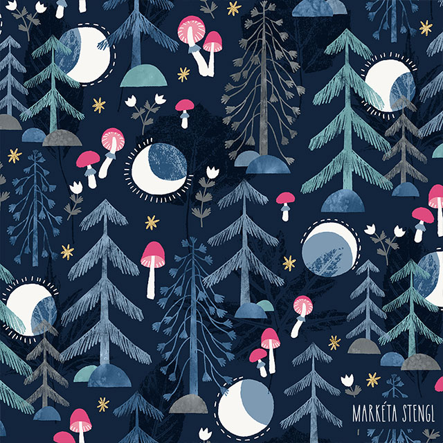 Magical print featuring night forest and mushrooms