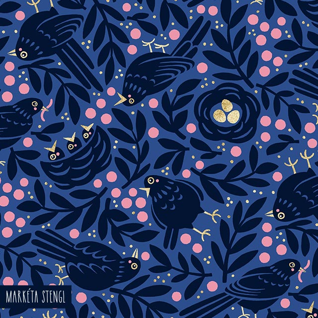 Beautiful dark blue surface pattern with birds by Markéta Stengl