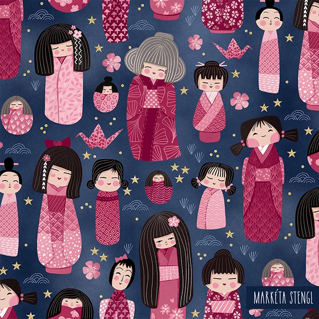 Repeating pattern with Japanese Kokeshi dolls by Marketa Stengl
