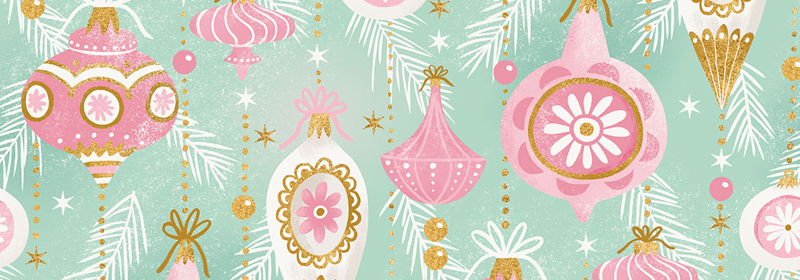 Christmas surface pattern design with vintage, kitsch baubles