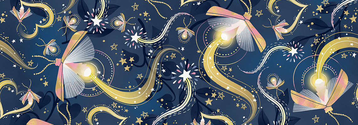 Magical celestial surface pattern design with fireflies