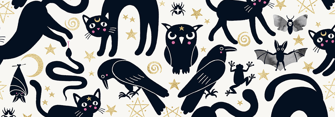 Halloween surface pattern design with magical animals