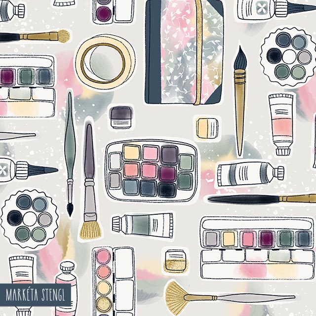 Repeating watercolor pattern featuring art supplies