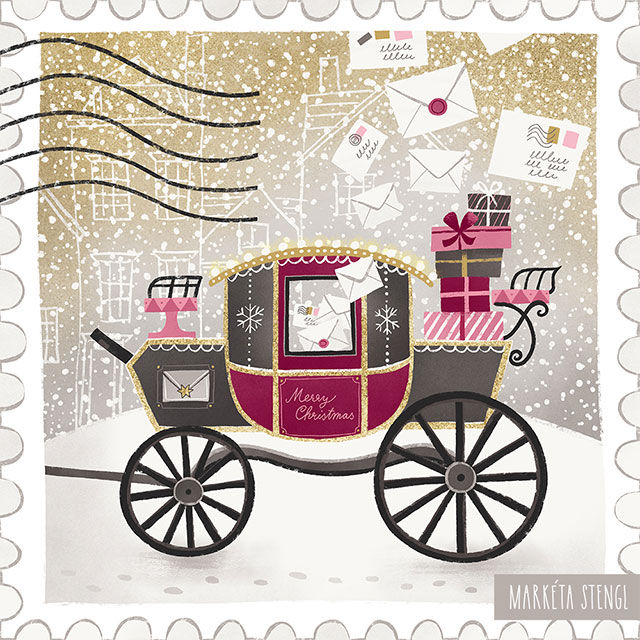Christmas and winter holiday illustration with a vintage mail carriage