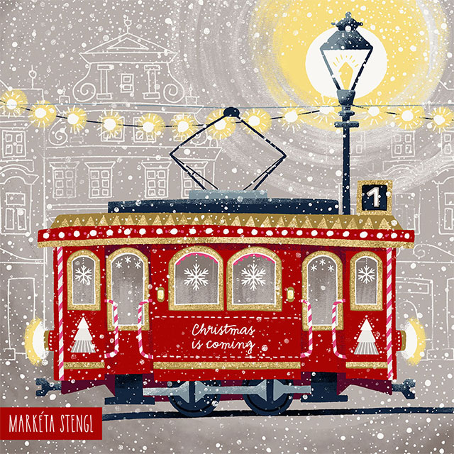 Winter holiday and Christmas illustration with a vintage tramway