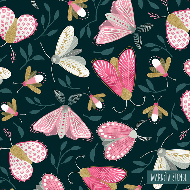 Enchanting fabric print with moths and fireflies