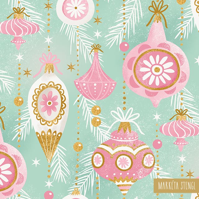 Christmas surface pattern design with vintage, kitsch baubles