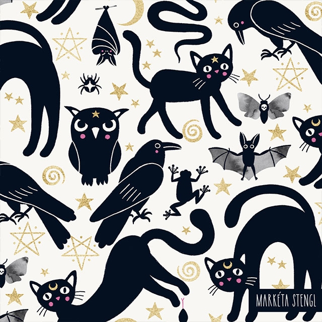 Halloween surface pattern design with magical animals