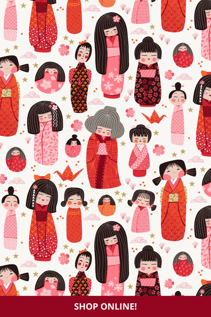 Japanese dolls kokeshi fabric print by Marketa Stengl