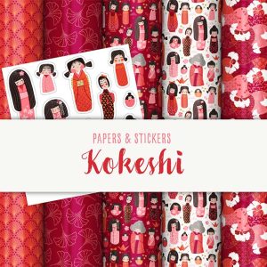 Kokeshi Collection of Wrapping Papers and Stickers