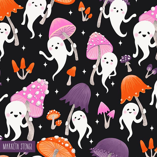 Halloween Samhain ghosts with mushrooms pattern